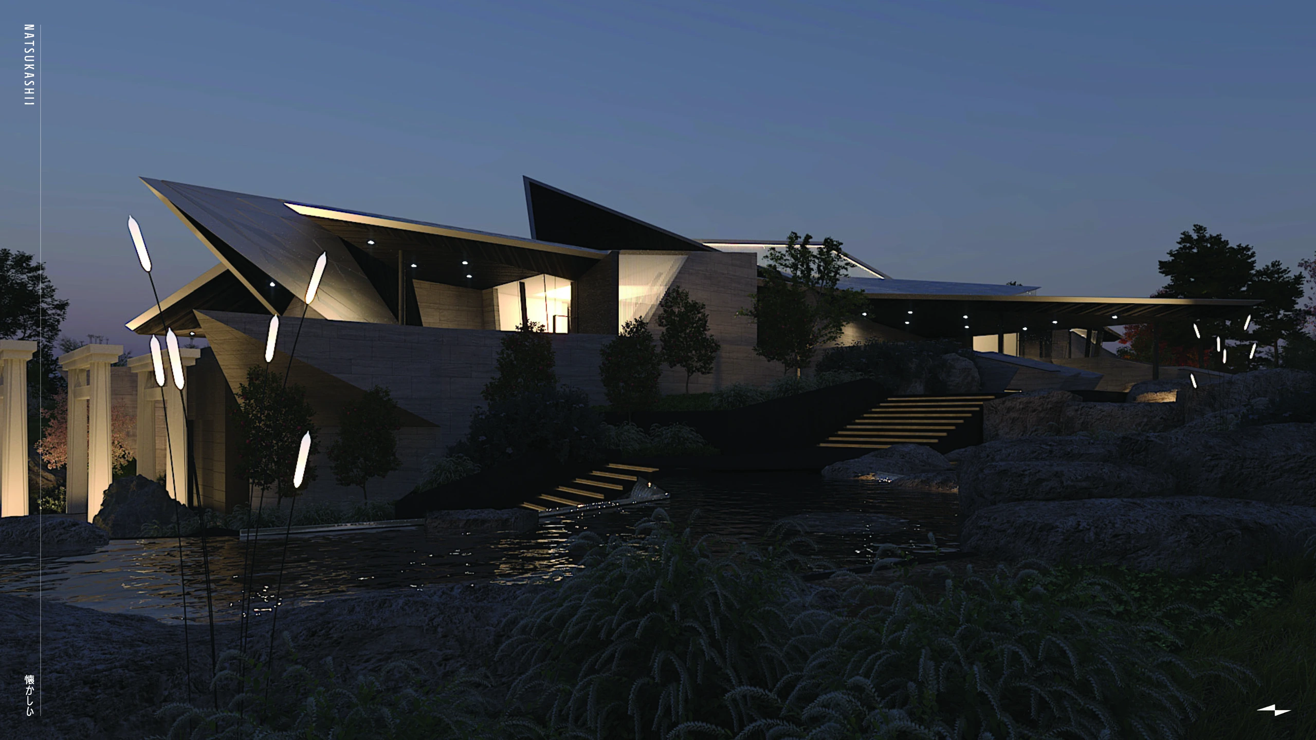 Architectural rendering of the Natsukashii Foundation at dusk, its angular roofs lit from within